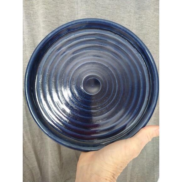 Handmade Signed Art Pottery Plate Dish Blue Swirl Rings Round Plant Drainage - Picture 7 of 8